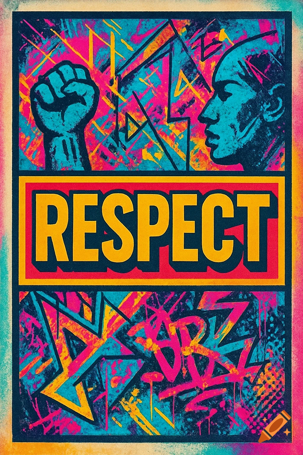 A vibrant street art poster features a blue raised fist and a person's profile, with the bold yellow word 'RESPECT' centrally against a chaotic pink, blue, and yellow background.