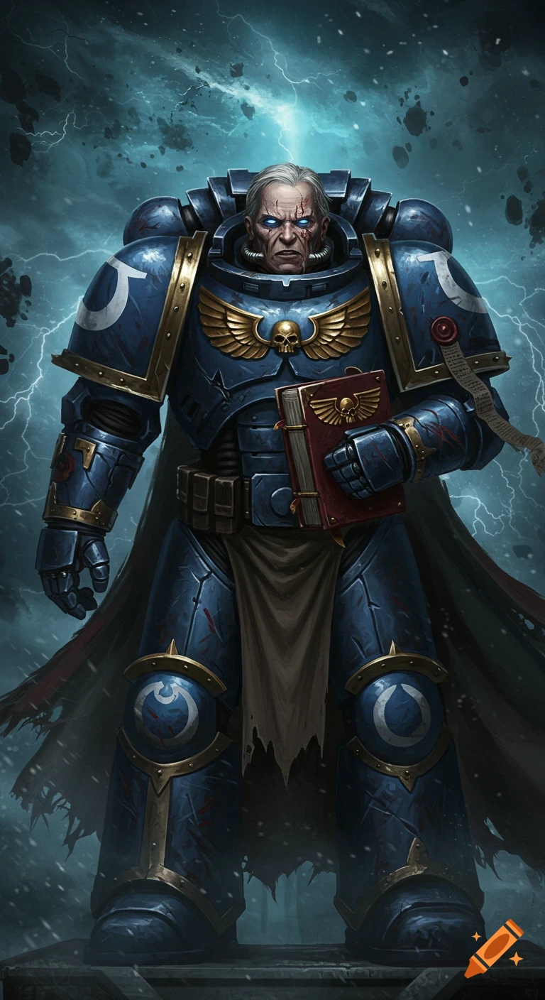 An Ultramarines Space Marine in blue power armor with a scarred face holds a red book against a stormy, lightning-filled void background.