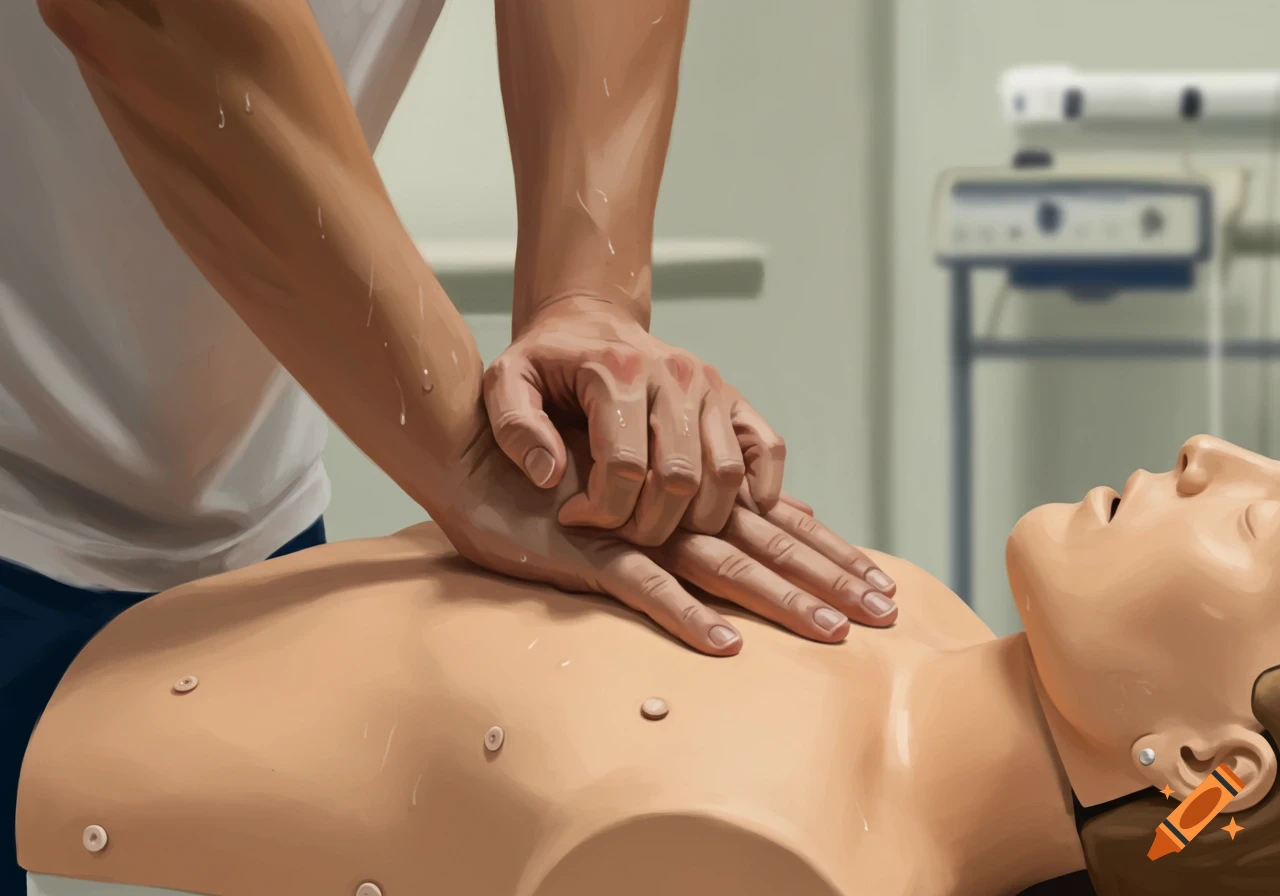 Illustration of a person performing chest compressions on a CPR training dummy in a medical setting.