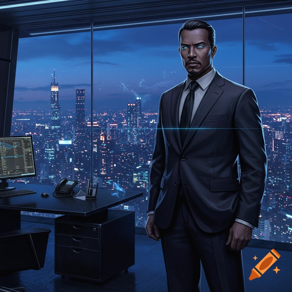 A man with glowing blue eyes in a dark suit stands in a futuristic office overlooking a night city skyline.