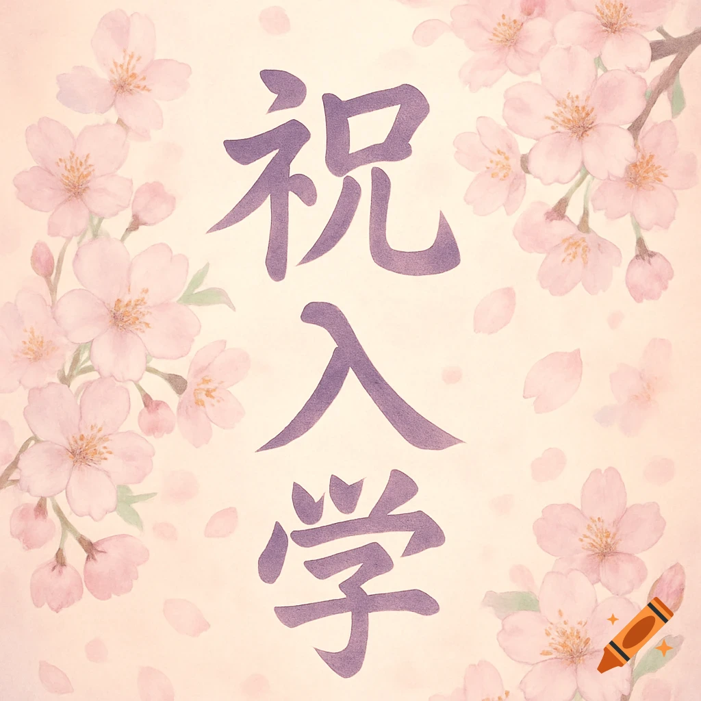 Watercolor painting with Japanese text '祝入学' (Congratulations on your Entrance) surrounded by pink cherry blossoms on a pastel background.