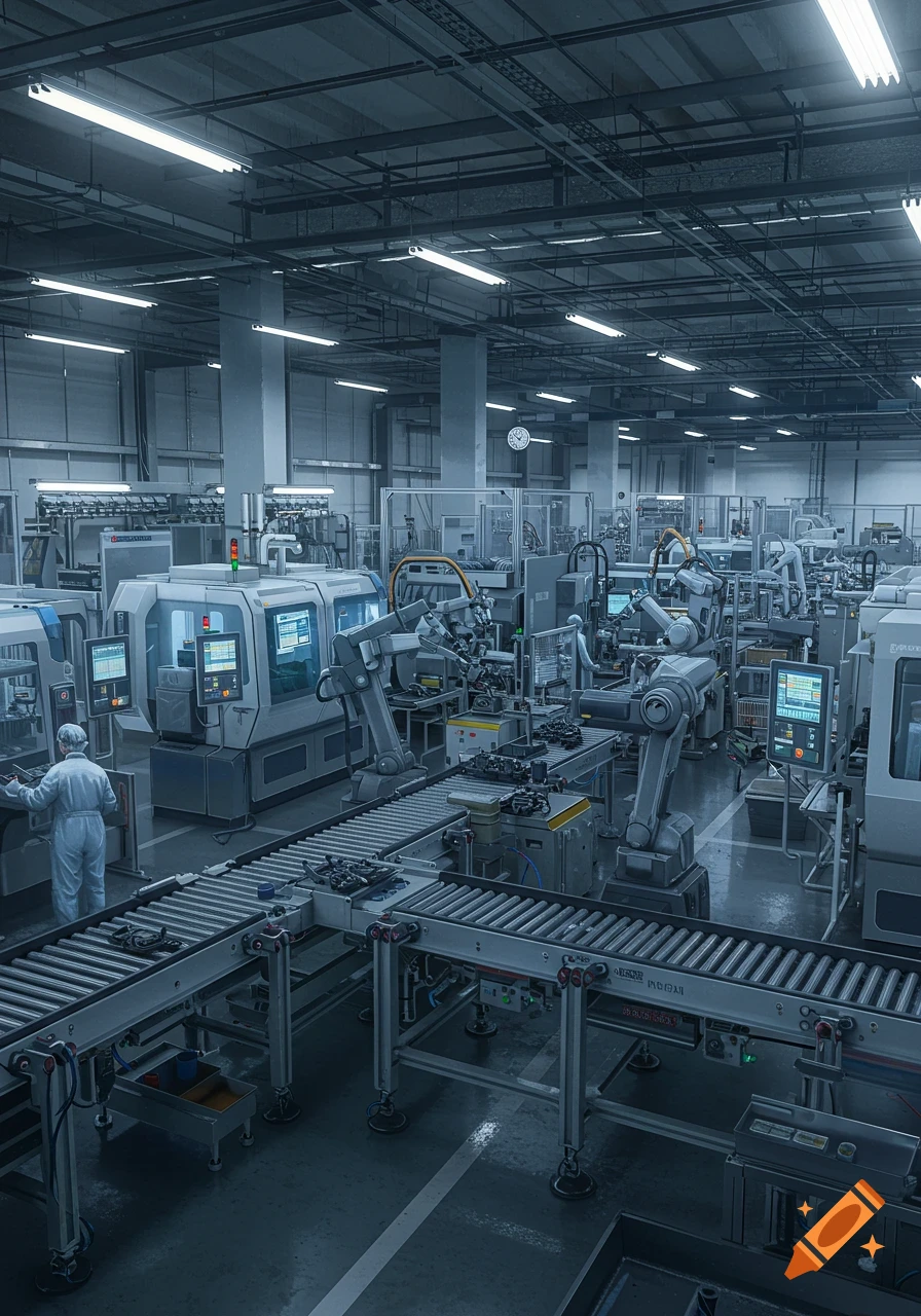 Photorealistic image of a modern industrial manufacturing line with automated machines, robotic arms, conveyor belts, and workers in clean suits.