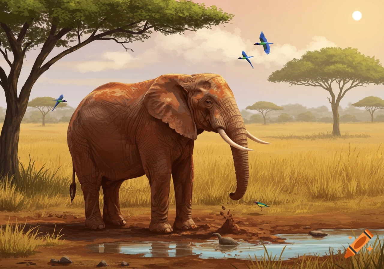 An elephant takes a mud bath in a sunny savanna landscape, with acacia trees and birds flying overhead.