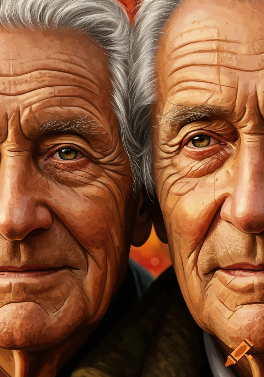 A close-up digital art portrait of two elderly men with gray hair and deep wrinkles, looking forward.
