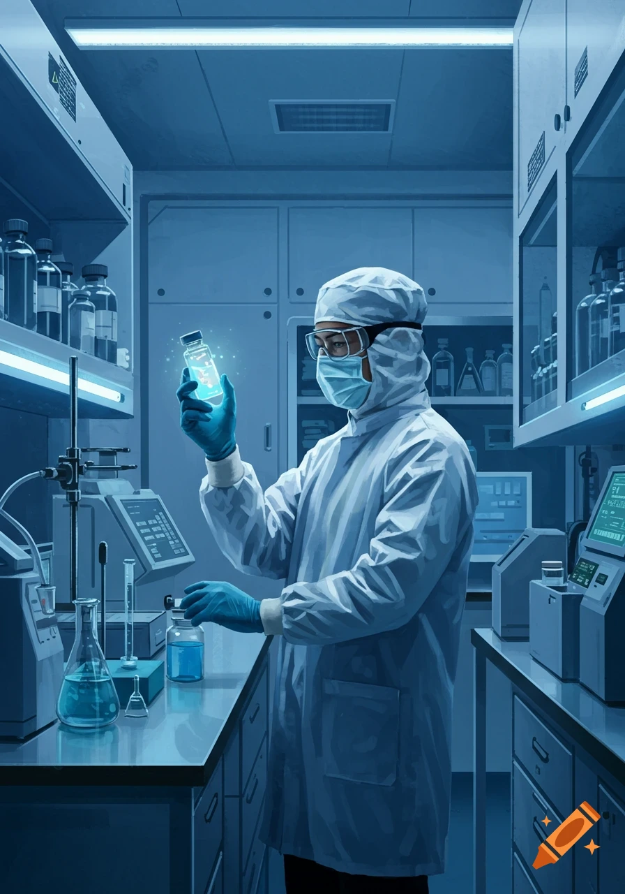 A person in full protective gear, mask, and goggles works in a blue-toned pharmaceutical lab, holding a glowing vial.