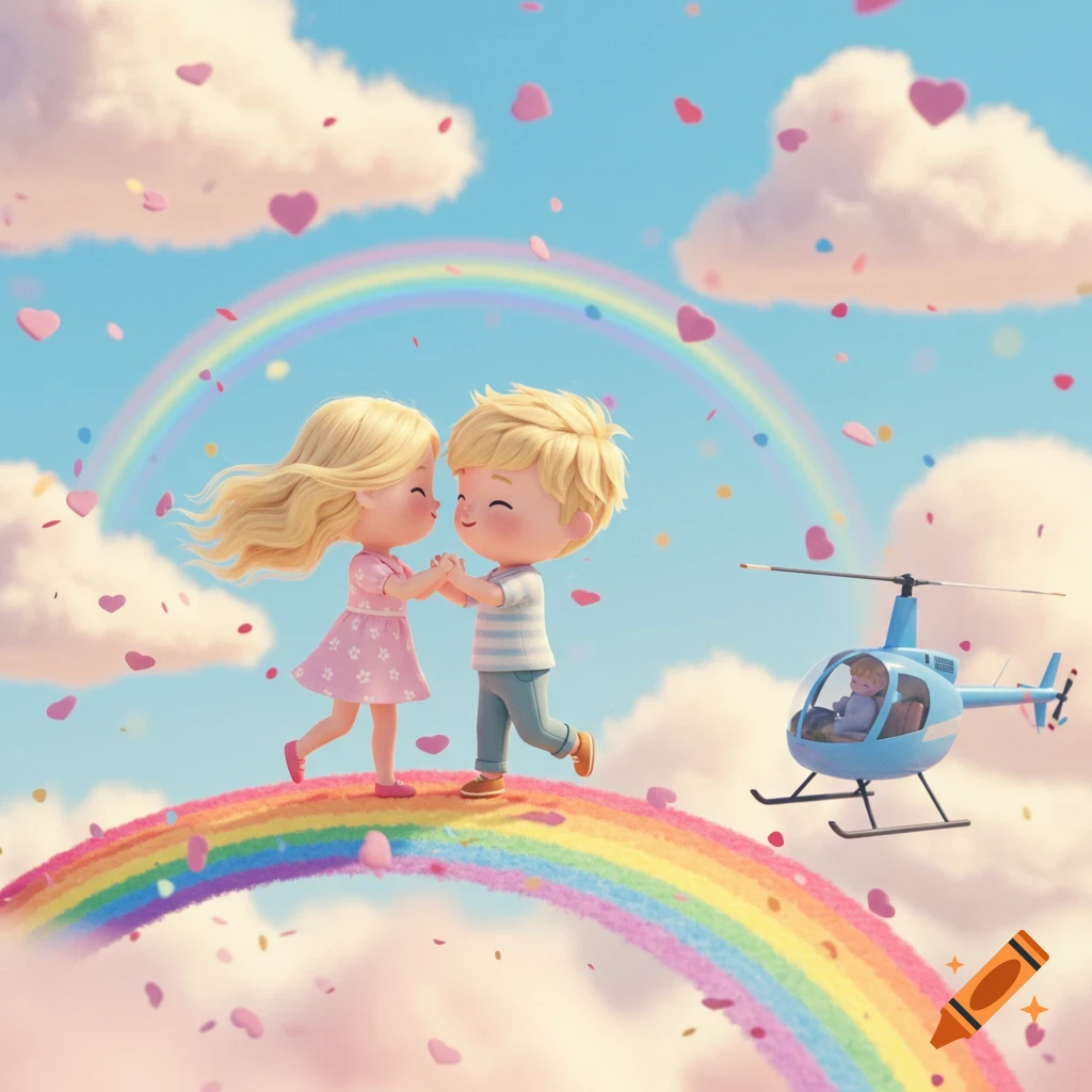 A cute blonde boy and girl dance on a rainbow in a cloudy sky with raining hearts, a blue helicopter nearby, in a Pixar style.