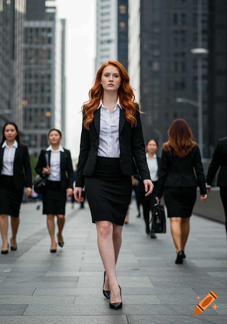 A confident redhead businesswoman in a black suit and skirt walks on a city sidewalk among other businesswomen.