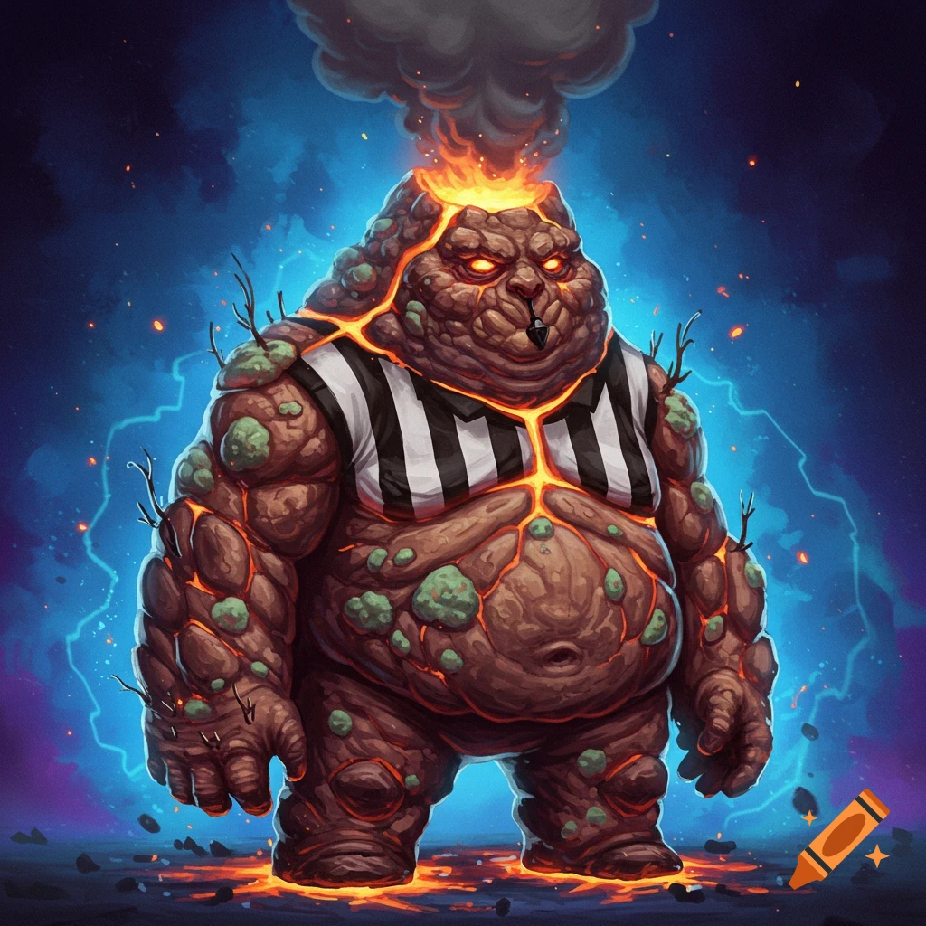 A fat, rocky, volcanic referee monster with glowing lava cracks, smoke, and green mold patches, wearing a striped shirt, on a stormy blue background.