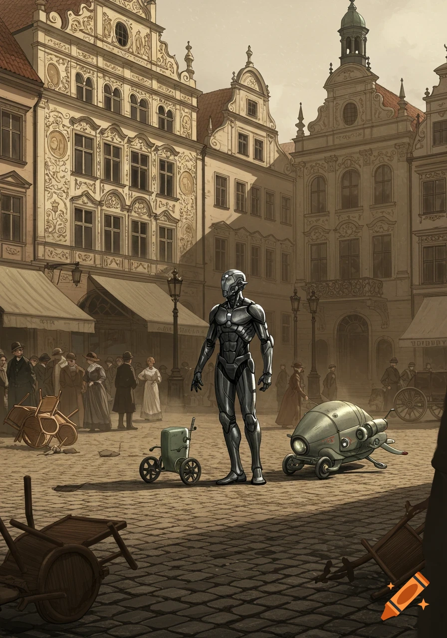 A metallic robot stands in a bustling, cobblestone city square filled with ornate, old European buildings and people in 1920s attire. Two futuristic vehicles are near the robot, while overturned chairs suggest a sudden disturbance.