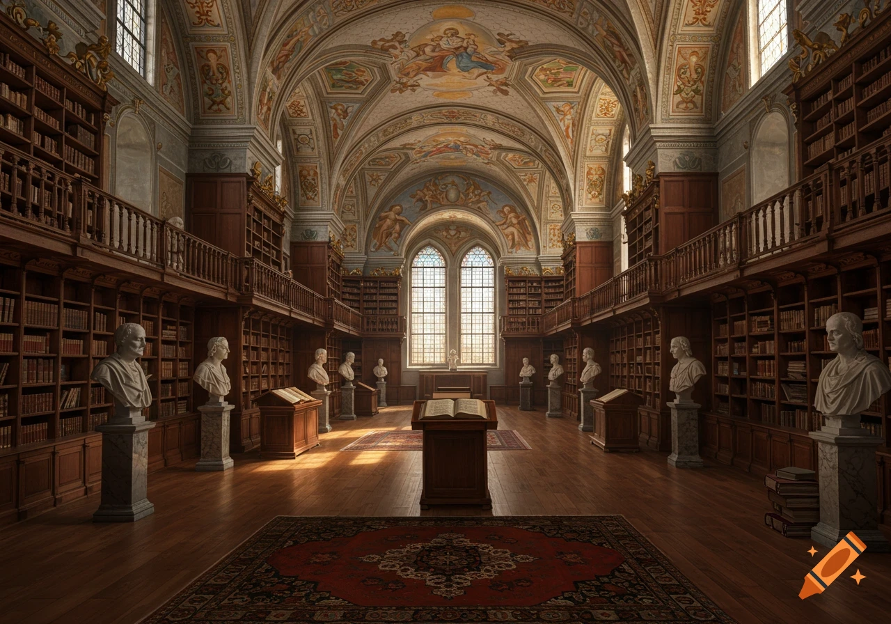 A grand, ornate library with tall wooden bookshelves, classical busts, a patterned rug, and sunlit arched windows.