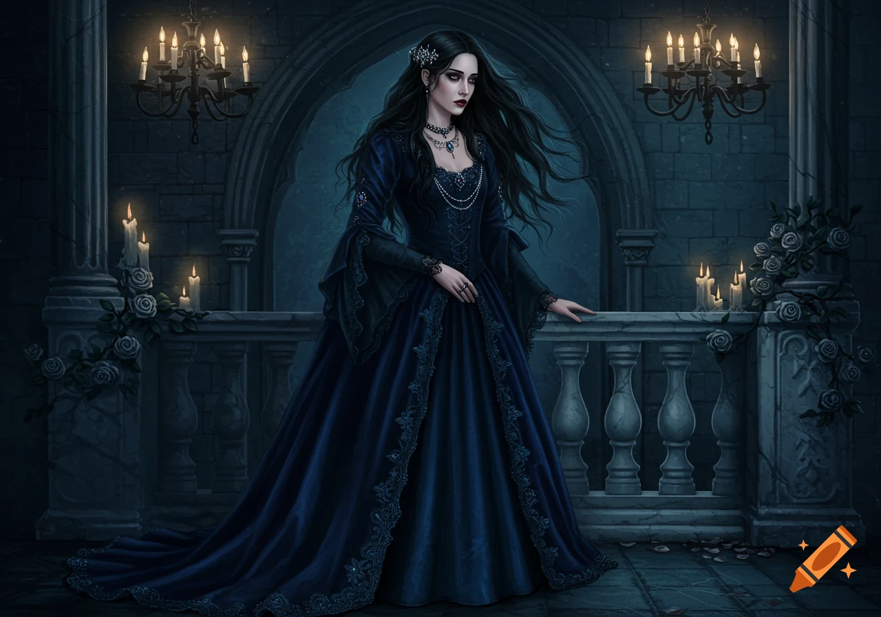 A gothic noblewoman in a dark blue, elegant gown stands on a stone balcony with lit candles and candelabras, digital painting.