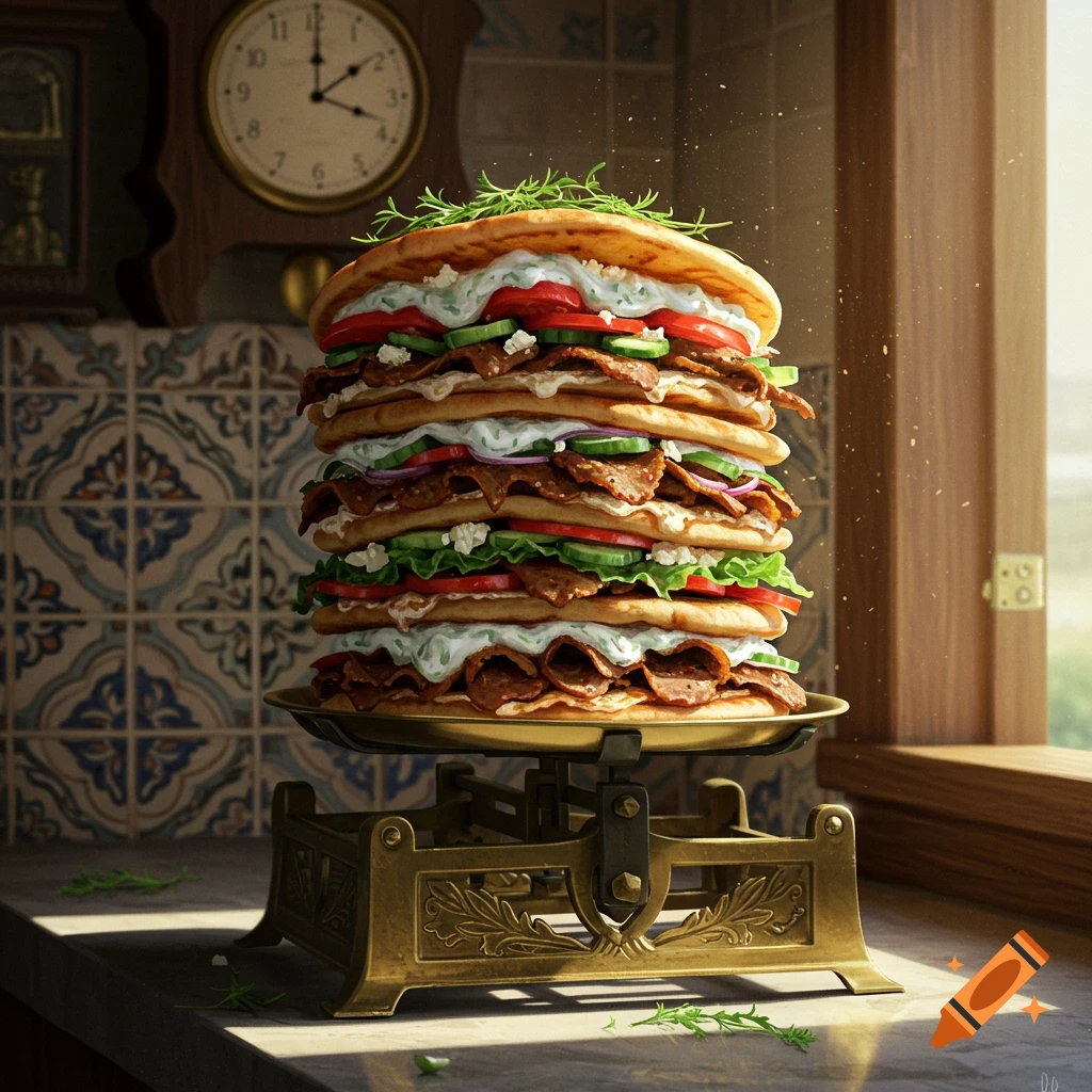 A massive pile of gyros with meat, fresh vegetables, and sauce on an antique brass scale in a sunlit kitchen.