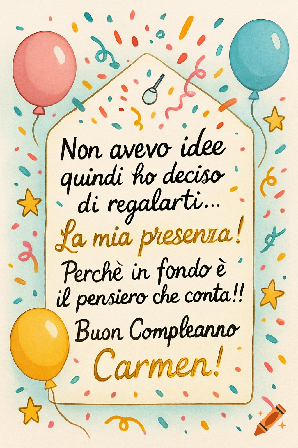 Watercolor birthday card with pink, blue, and yellow balloons, confetti, stars, and Italian text.