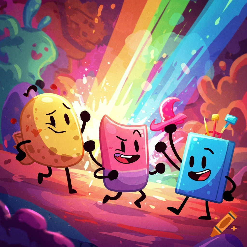 Three colorful, anthropomorphic object characters (a potato, an eraser, a blue block) dance under a rainbow in a vibrant cartoon landscape.
