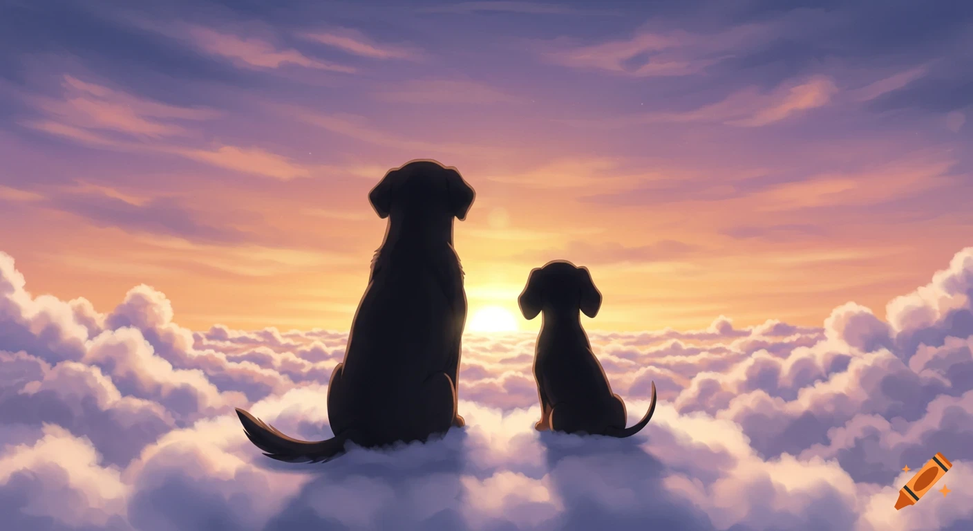 Animated silhouette of two dogs, one large and one small, sitting on clouds and watching a vibrant sunset.