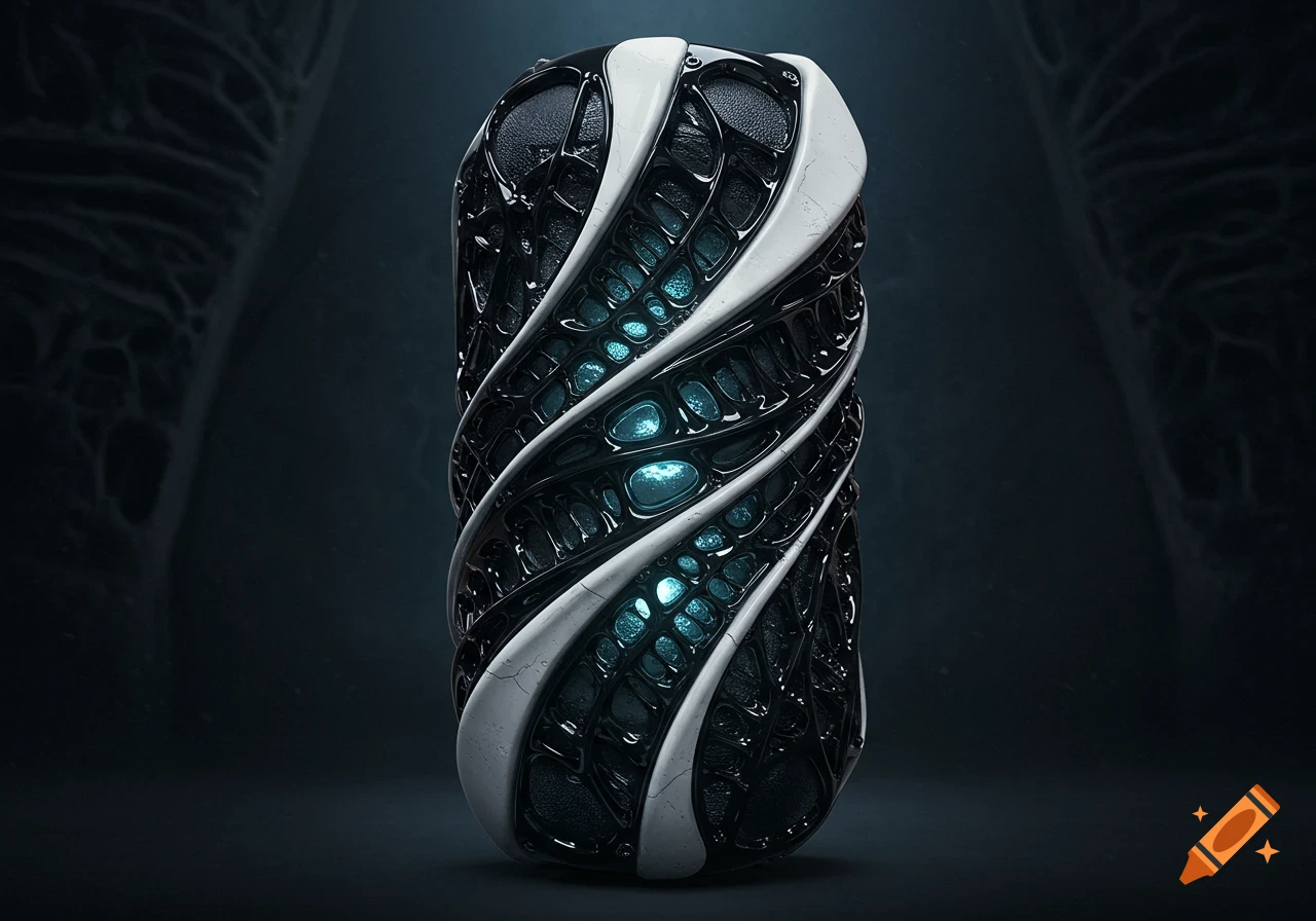 A dark biomechanical speaker inspired by H.R. Giger, with black organic textures, white twisted bands, and glowing blue elements.