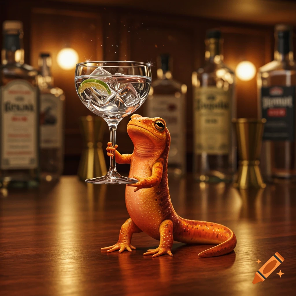A photorealistic orange newt holds a gin and tonic with lime and ice in a fancy glass on a wooden bar, with blurred liquor bottles in the background.