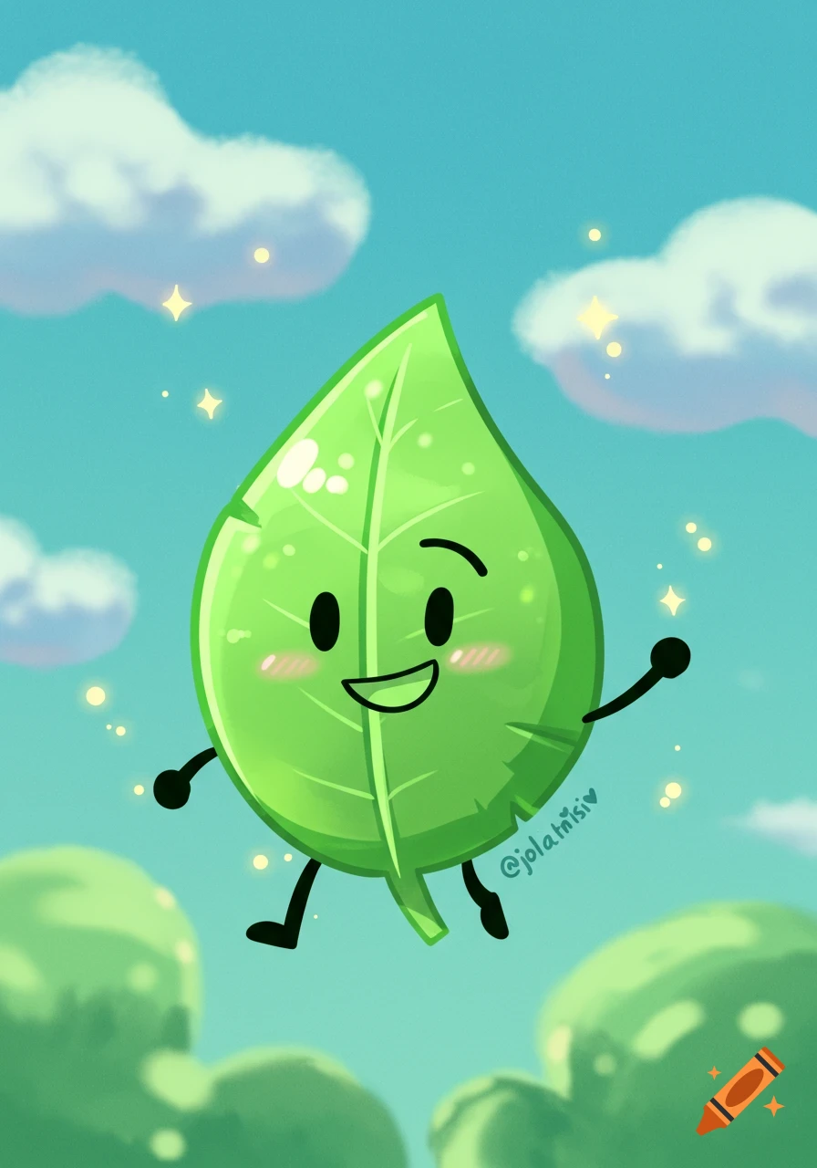 A cheerful, anthropomorphic green leaf character with blush floats in a blue sky with clouds and green hills, surrounded by sparkles.