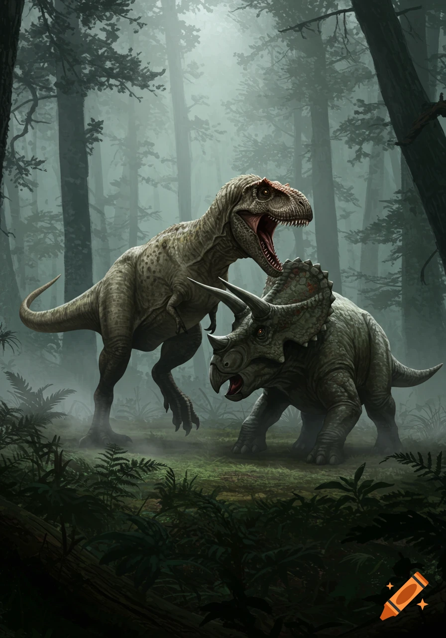 A powerful T-Rex battles a horned Triceratops in a misty, ancient forest.