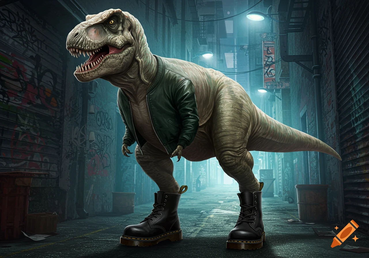 A T-Rex wearing a bomber jacket and Dr. Martens boots stands in a dark, graffiti-covered urban alleyway under neon lights, looking directly forward. The style is detailed and graphic.
