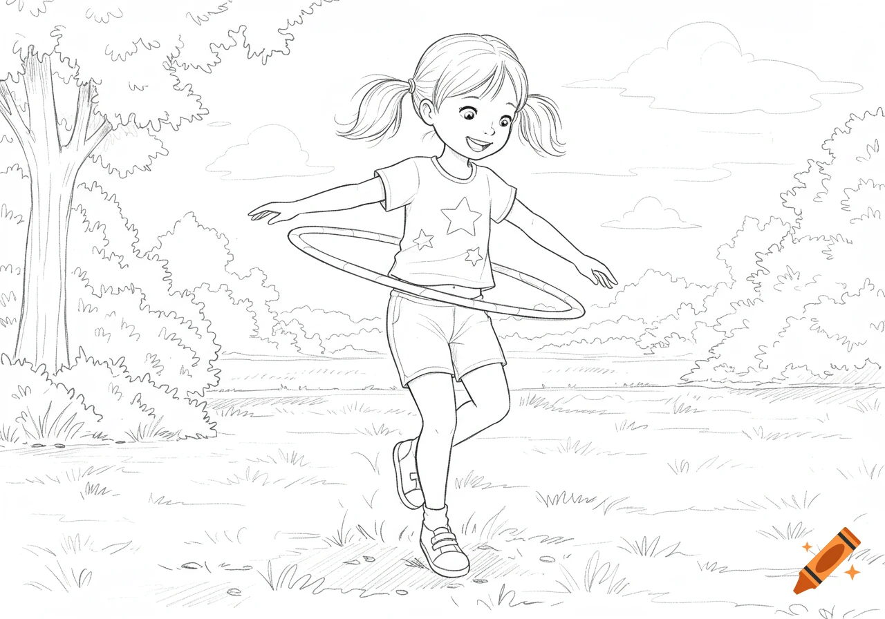 An outline drawing of a smiling girl with pigtails playing hula hoop in a grassy park for a coloring book.