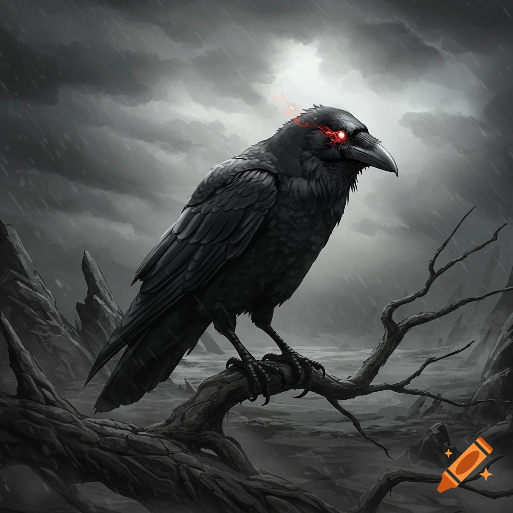 A menacing black crow with glowing red eyes perches on a bare branch in a gloomy, stormy landscape, dark fantasy art.