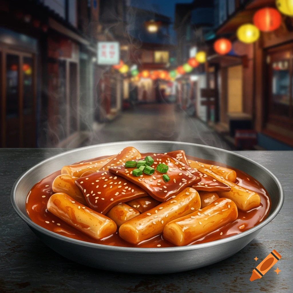 A close-up of steaming tteokbokki in a silver bowl, topped with sesame seeds and green onions, against a blurred Korean street scene.