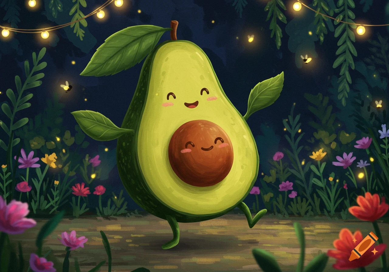 A happy, dancing avocado character in a whimsical, dark garden with glowing fireflies, string lights, and colorful flowers.