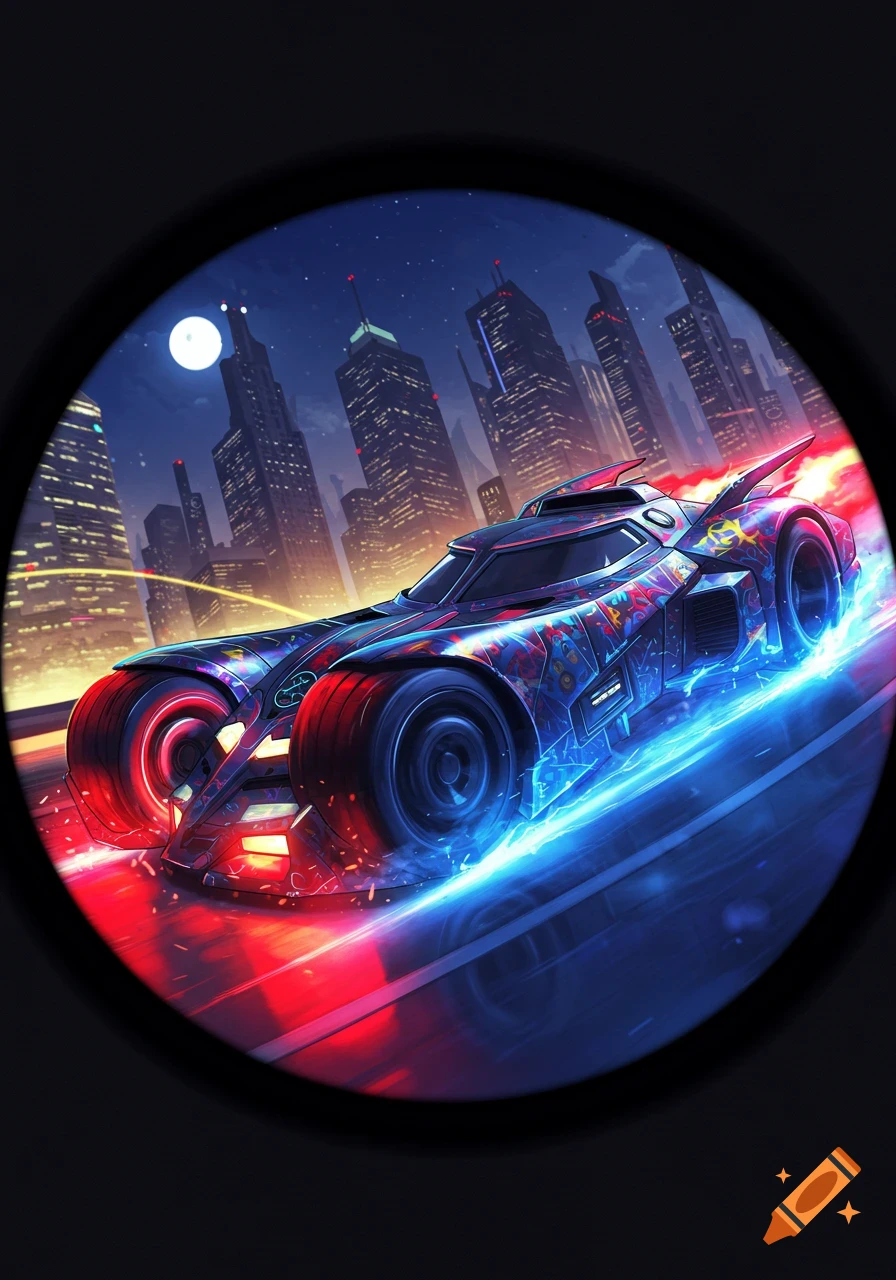 A colorful, stylized car speeds through a futuristic city at night, with red and blue trails under a fisheye lens.
