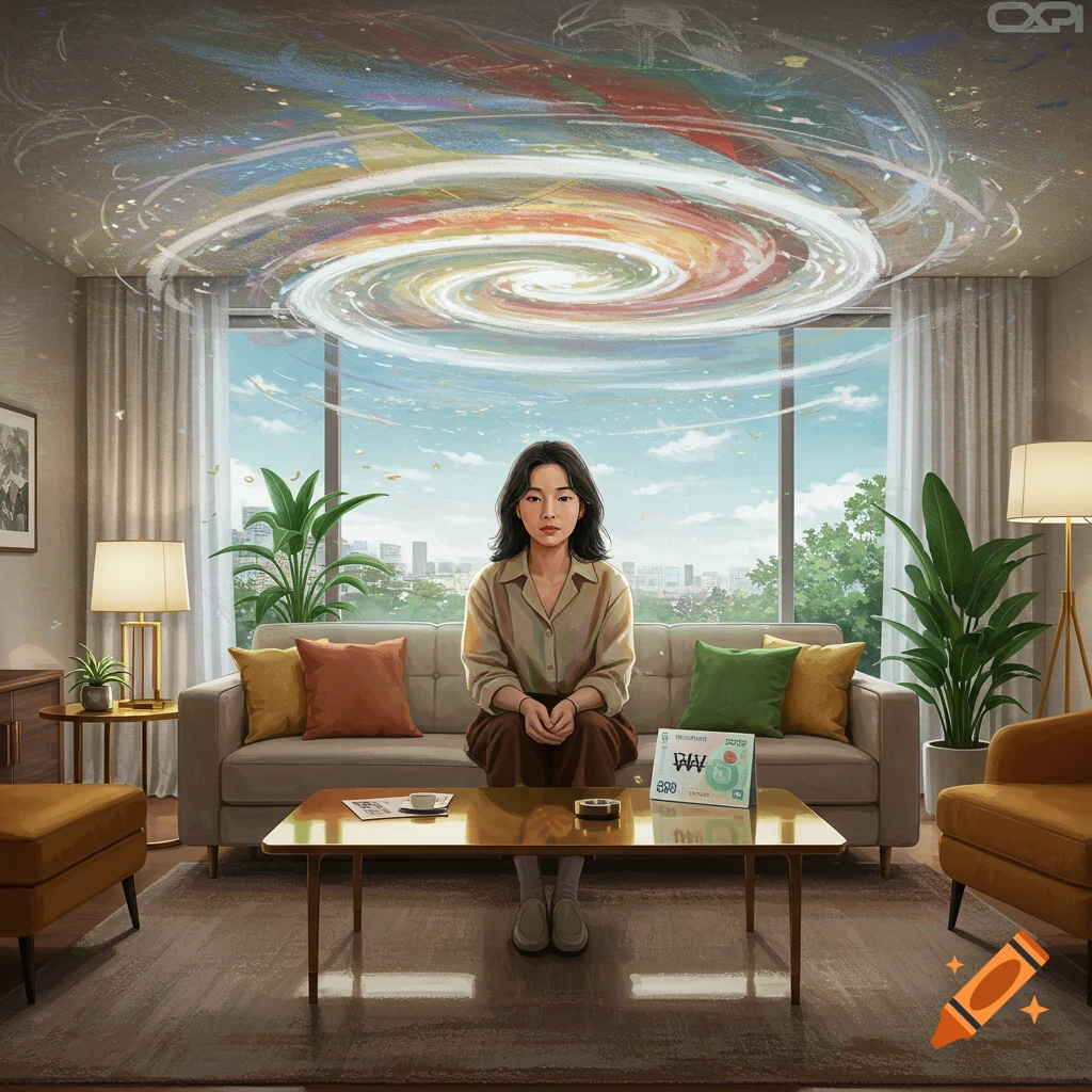 A woman sits on a sofa in a modern living room with a colorful swirling vortex painted on the ceiling, in a photorealistic art style.