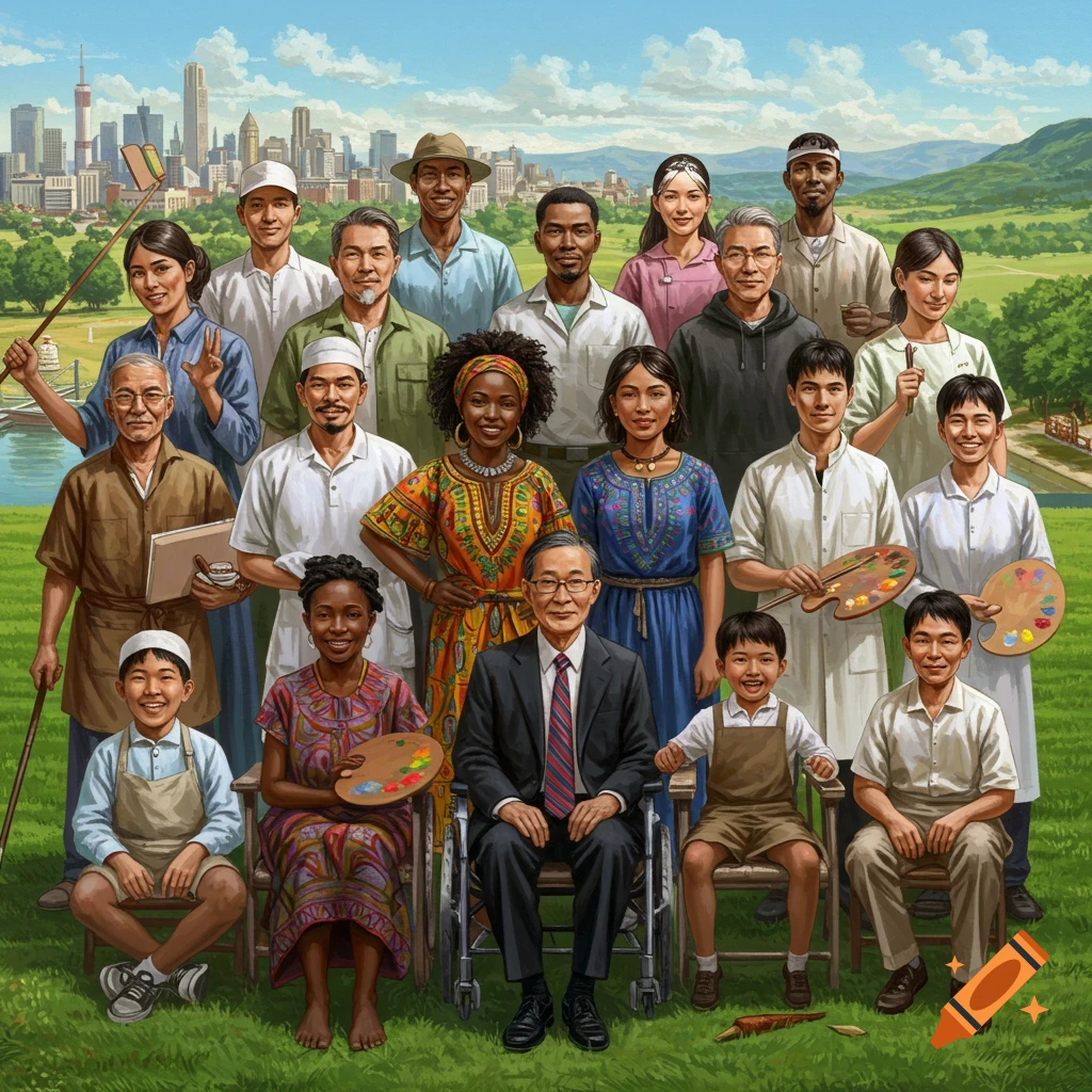 A diverse group of 20 people of various ages, ethnicities, and professions, some holding art supplies, standing and sitting in a grassy park with a city skyline in the background.