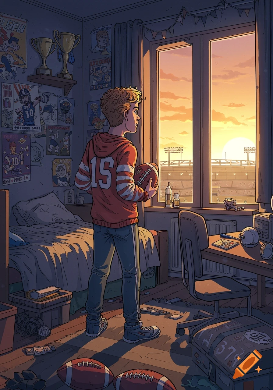 A comic-style illustration of a boy in his football-themed bedroom, holding a football and looking out a window at a stadium during sunset.
