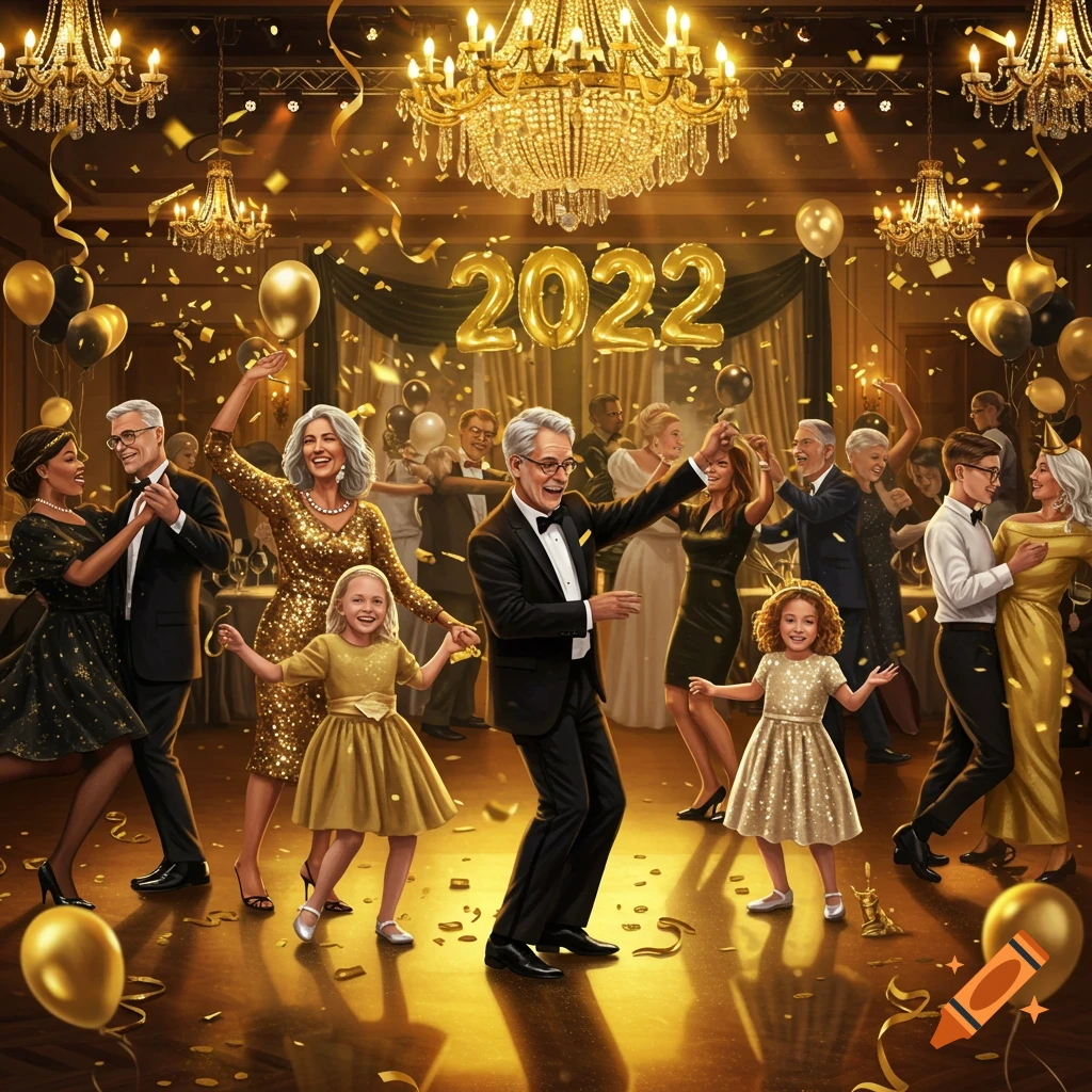 Illustration of a festive New Year's party in a gold and black ballroom, with people of all ages dancing and confetti falling.