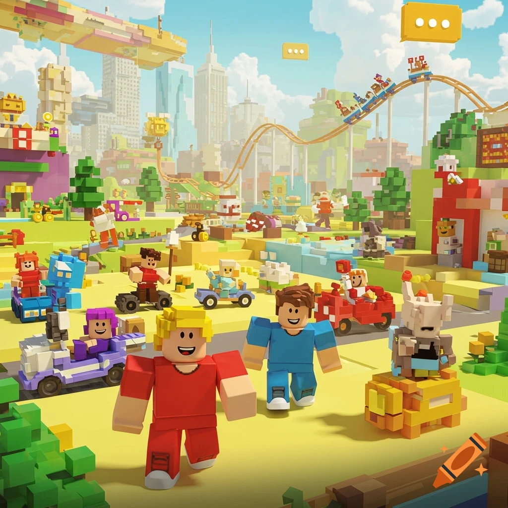 A vibrant, blocky world populated by Roblox-style avatars in various activities, with a roller coaster in the background.