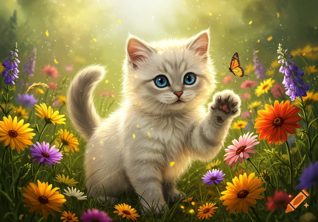 A fluffy white kitten with big blue eyes plays with an orange butterfly in a vibrant field of colorful flowers.