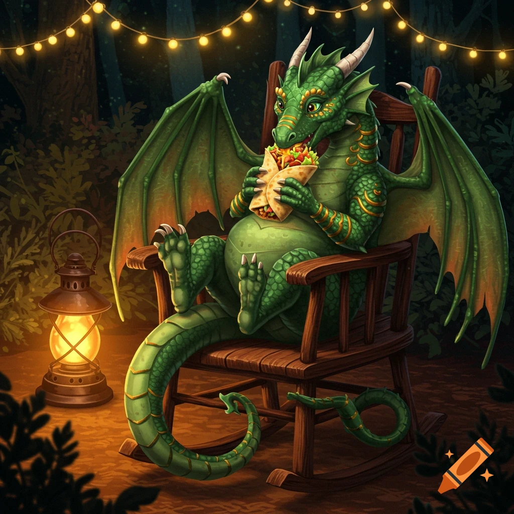A friendly green dragon with golden scales sits in a wooden rocking chair, eating a burrito in a cozy, dimly lit forest with string lights.