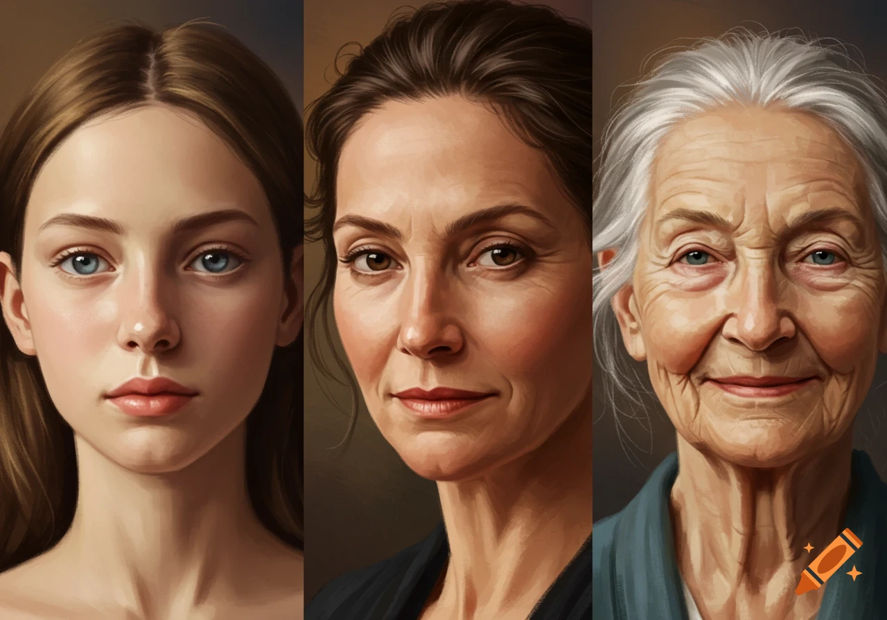 Three realistic painterly portraits showing women at different ages: young adult, middle-aged, and elderly.