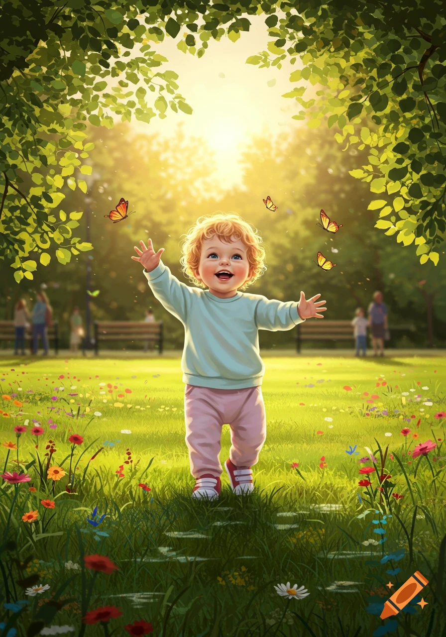 A happy baby with blonde curly hair smiles with arms outstretched in a sunny, flower-filled park with butterflies, illustrated.