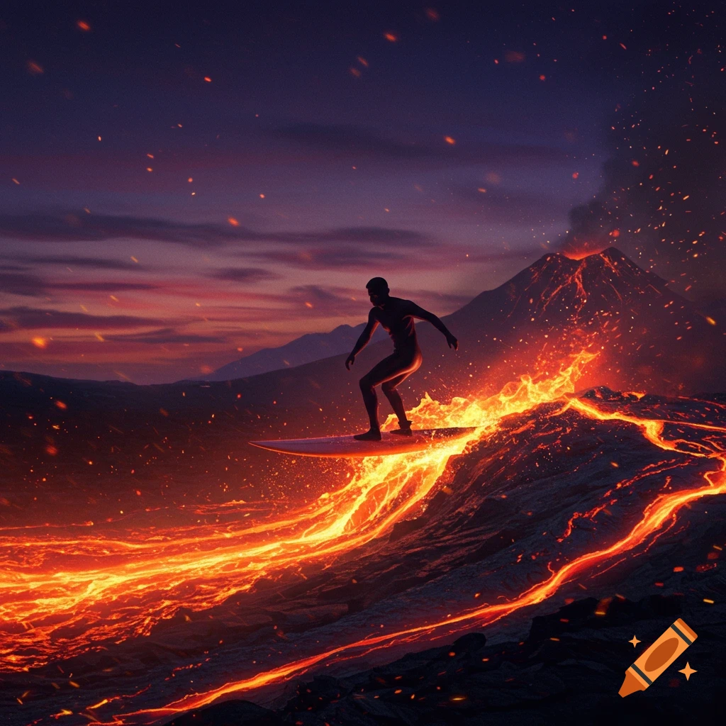 Silhouette of a surfer riding a glowing wave of molten lava with an erupting volcano under a dramatic sunset sky.
