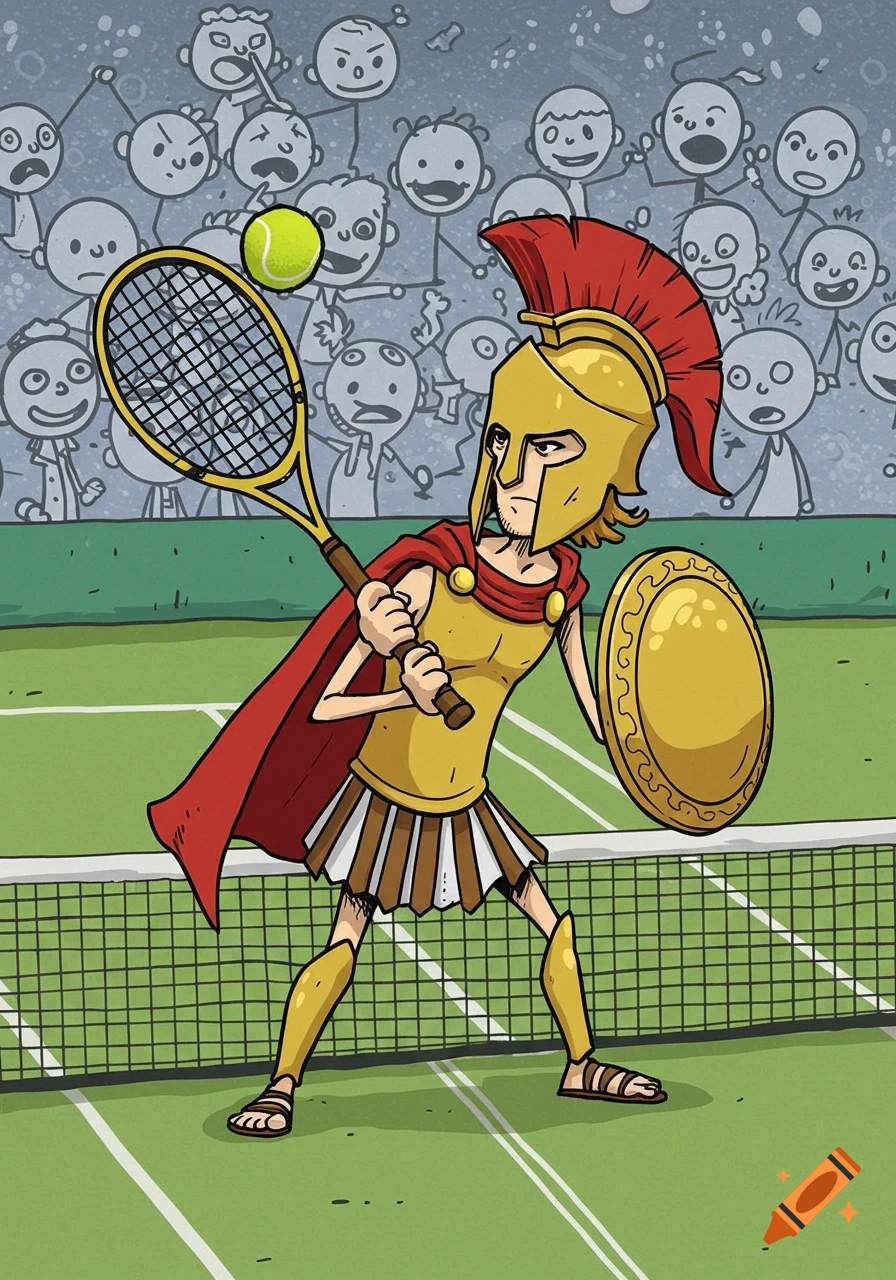 A cartoon Spartan warrior in armor and red cape plays tennis, holding a racket and shield, on a green court with stick figures watching.