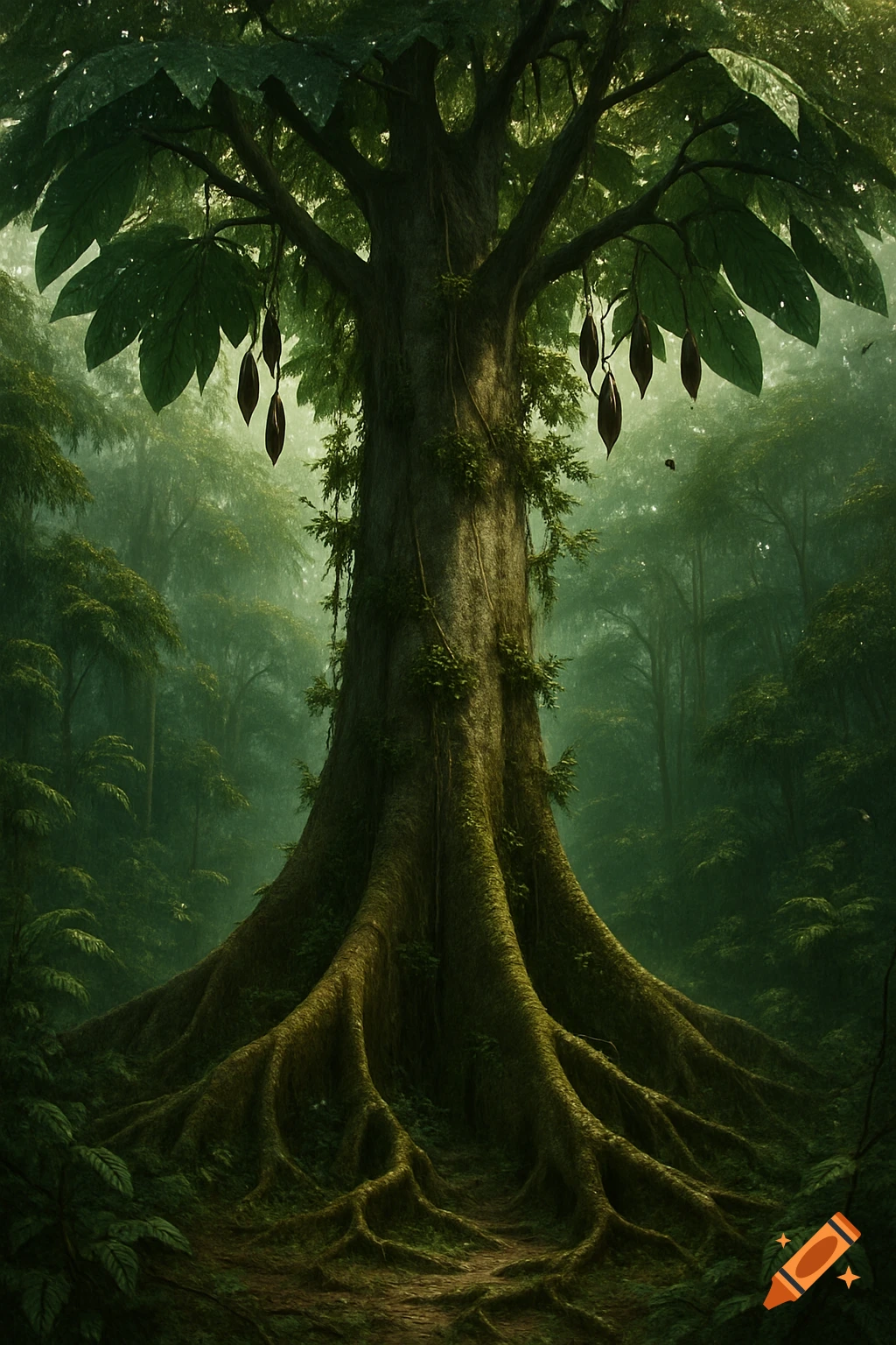 A towering rainforest tree with massive buttress roots and a dense canopy, shrouded in a lush, misty jungle.