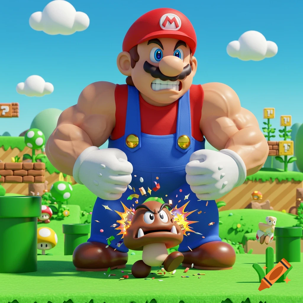 A muscular Mario crushes a Goomba in a vibrant 3D Super Mario Bros. world with question mark blocks and green pipes.