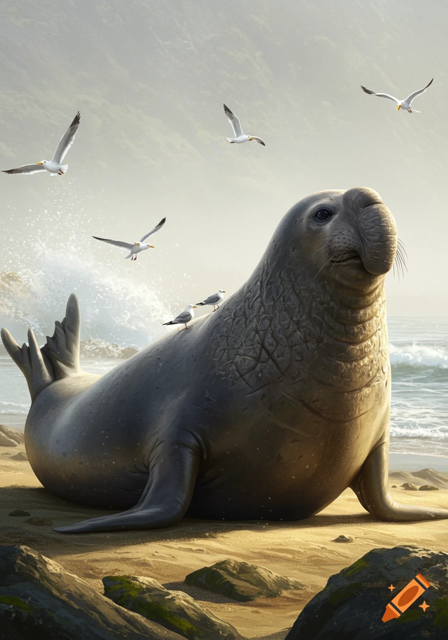 A large, photorealistic elephant seal rests on a sandy beach as ocean waves crash behind it and seagulls fly above and perch on its back.