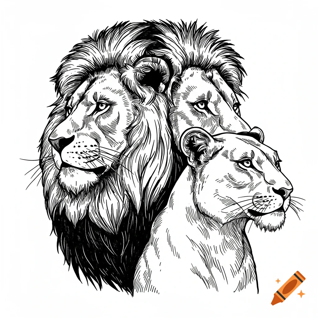 Black ink linocut illustration of two male lions and a female lion side-by-side, looking right.