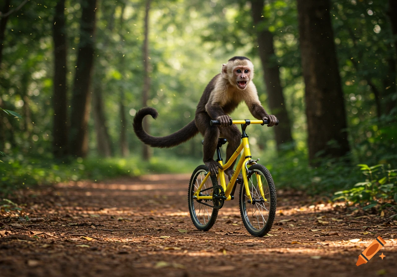 A capuchin monkey rides a yellow bicycle on a dirt path through a lush green forest.