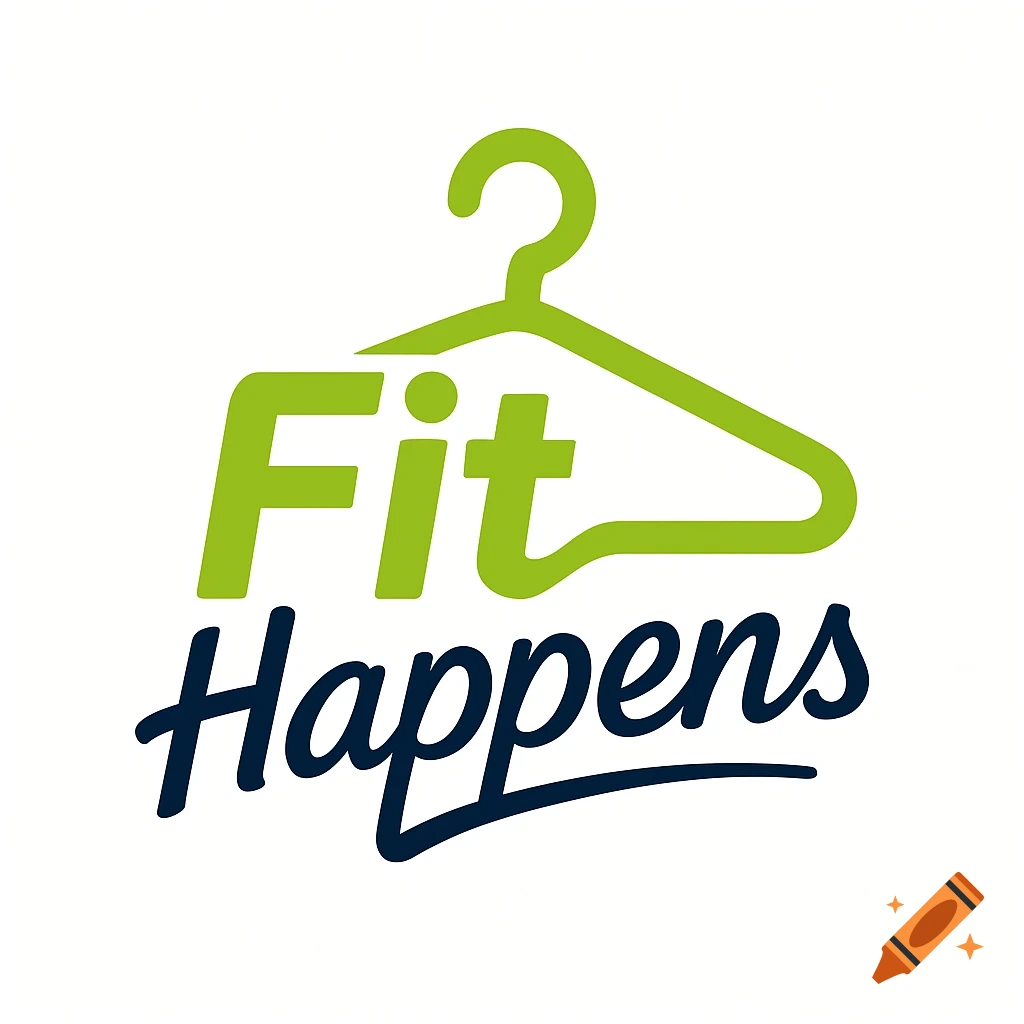 A logo featuring a green coat hanger intertwined with the word "Fit" in green and "Happens" in dark blue.