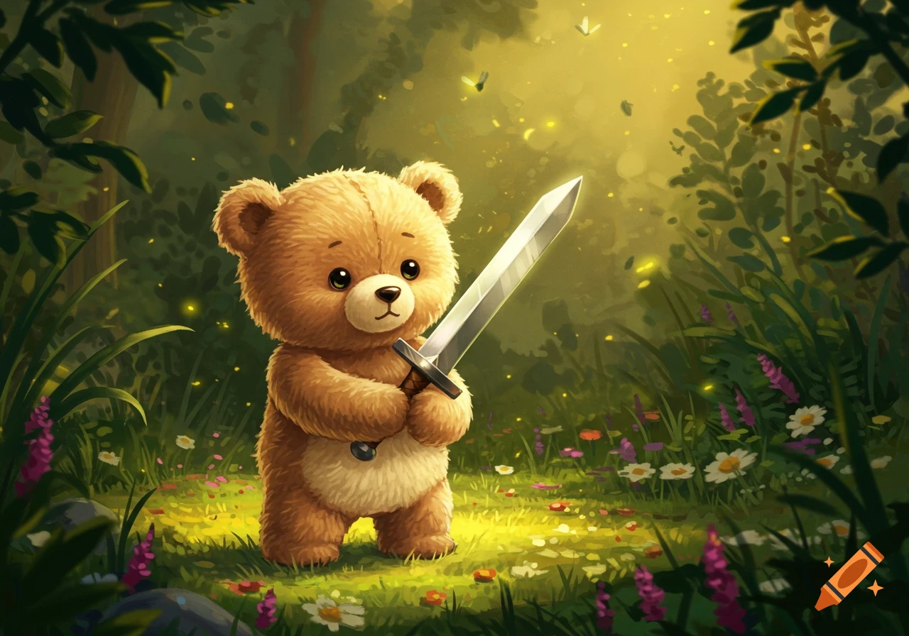 A cute teddy bear stands in a sunlit forest, holding a shining sword.