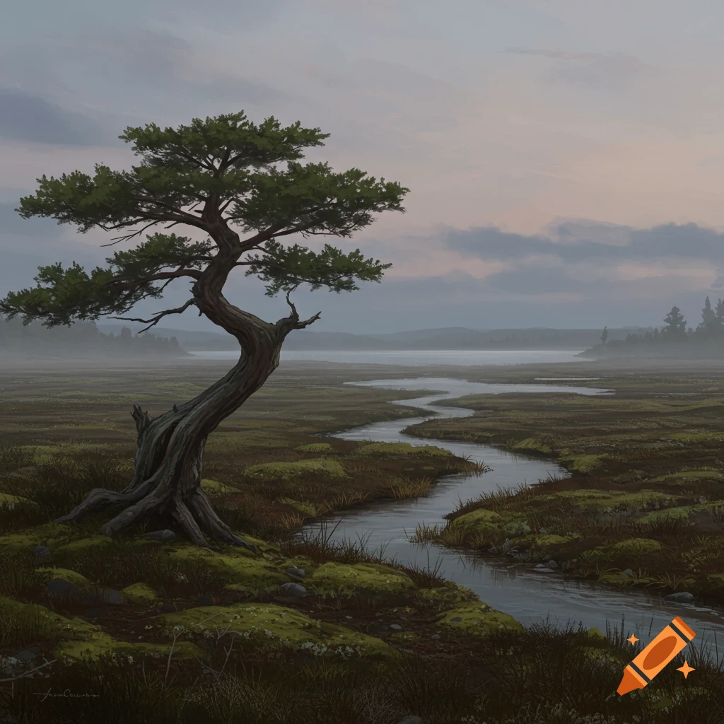 A painting of a gnarled pine tree beside a winding stream in a vast, misty marshland under a cloudy sky.