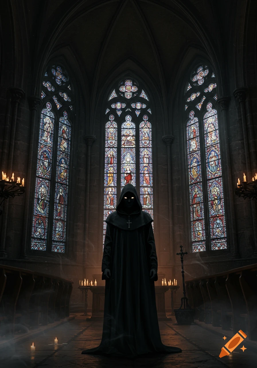A dark cloaked figure with glowing eyes stands in a gothic church with large stained glass windows and candles.