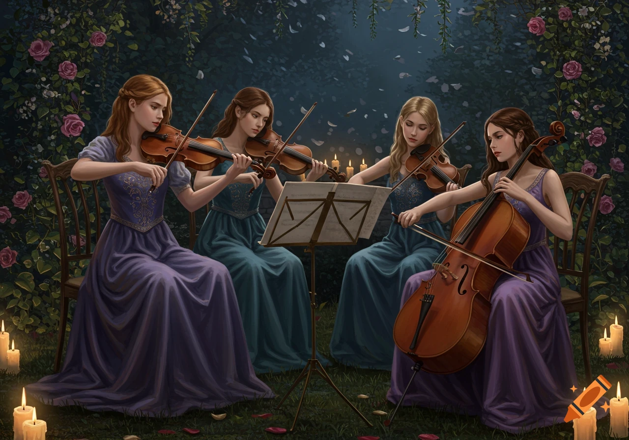 Four young women in long dresses play string instruments in a candlelit garden at night, surrounded by roses and foliage.